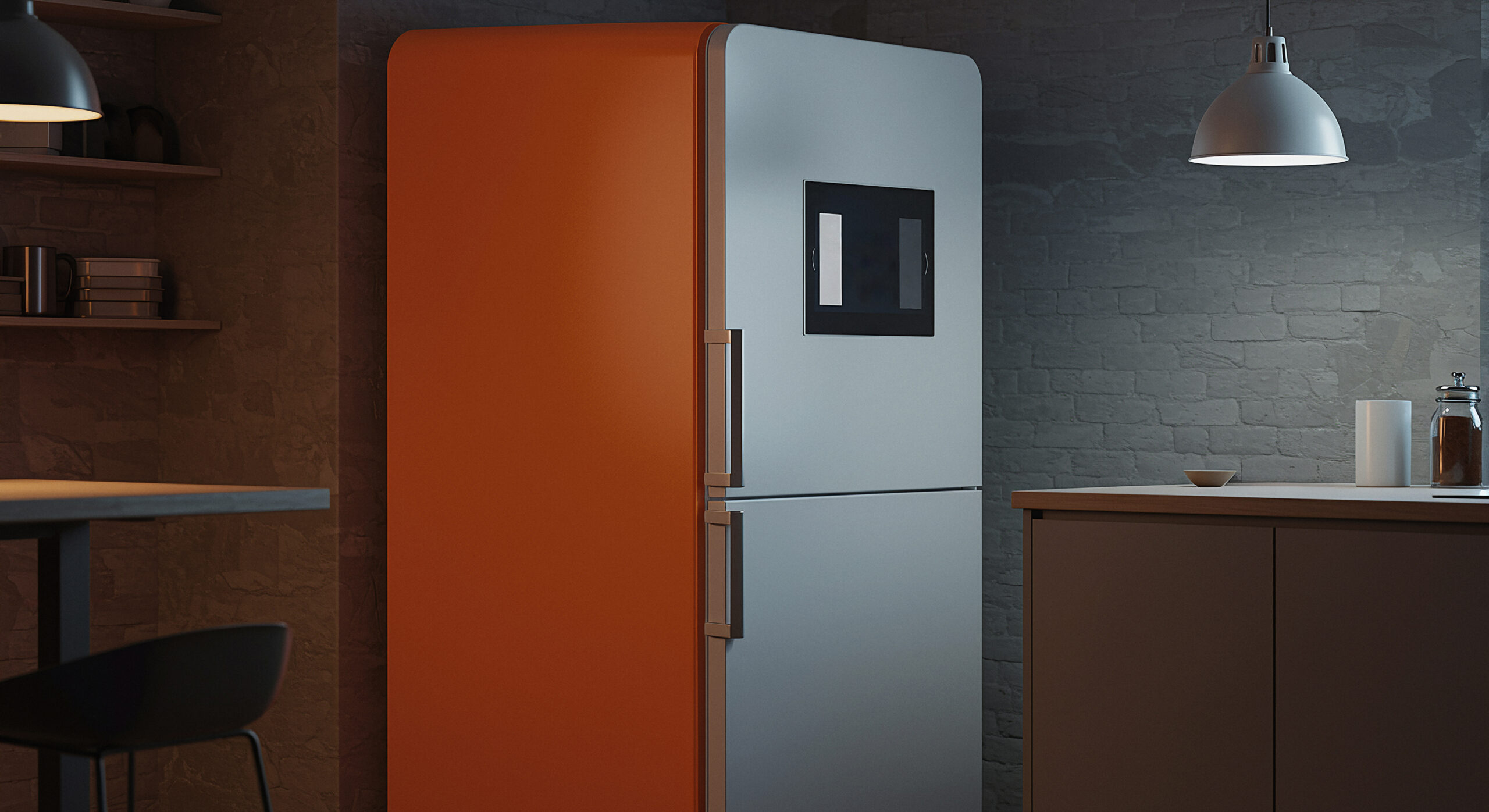 modern kitchen interior with orange refrigerator