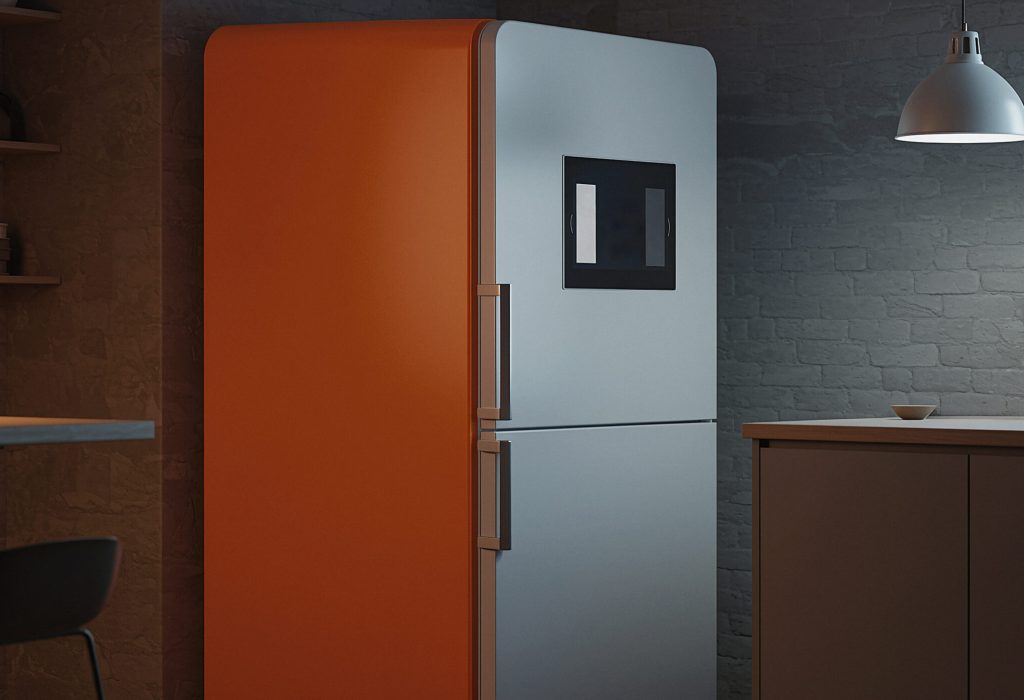modern kitchen interior with orange refrigerator modern kitchen interior with orange refrigerator